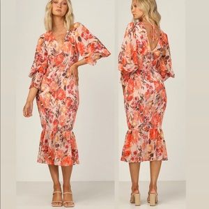 🍁 Orange Floral Fall Autumn Midi Bell Sleeve Pamela Dress Runway Scout stretchy